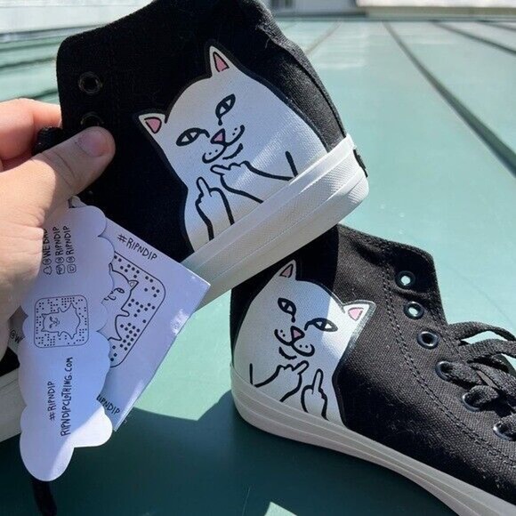 NWT Ripndip black and white lace up ankle high shoes w/ cat flipping off detail - Picture 10 of 12